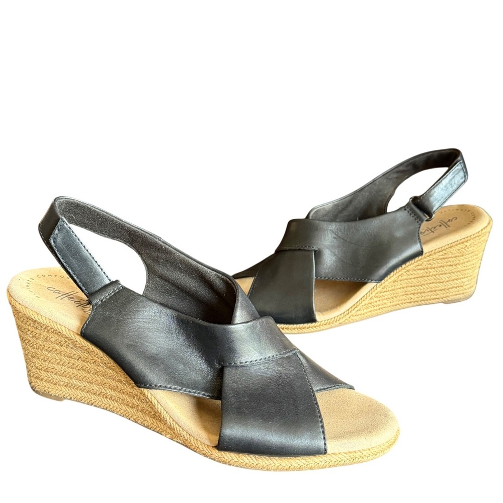 Clarks Lafley Alaine Wedge Sandals Womens 9.5 Black Leather Comfort Espadrille
